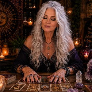 May include: A person with long wavy silver hair wearing a black lace-trimmed top and layered necklaces with a crescent moon pendant. They have multiple rings on their fingers and are resting their hands on a wooden table with tarot cards laid out.