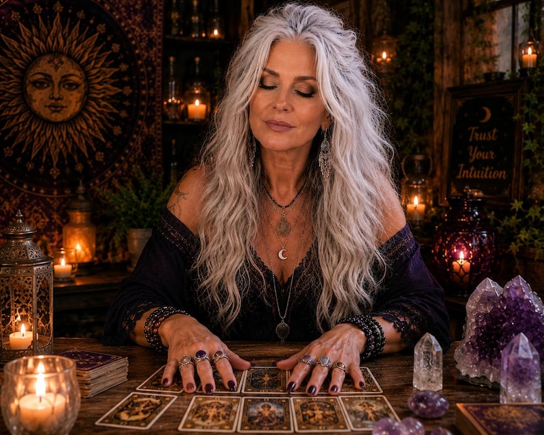 May include: A person with long wavy silver hair wearing a black lace-trimmed top and layered necklaces with a crescent moon pendant. They have multiple rings on their fingers and are resting their hands on a wooden table with tarot cards laid out.