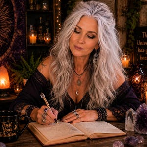 May include: A black ceramic mug with the text Trust Your Intuition in gold lettering, sitting on a wooden surface next to an open book, a crystal-topped pen, a clear quartz point, and a cluster of purple amethyst crystals in a dimly lit room.