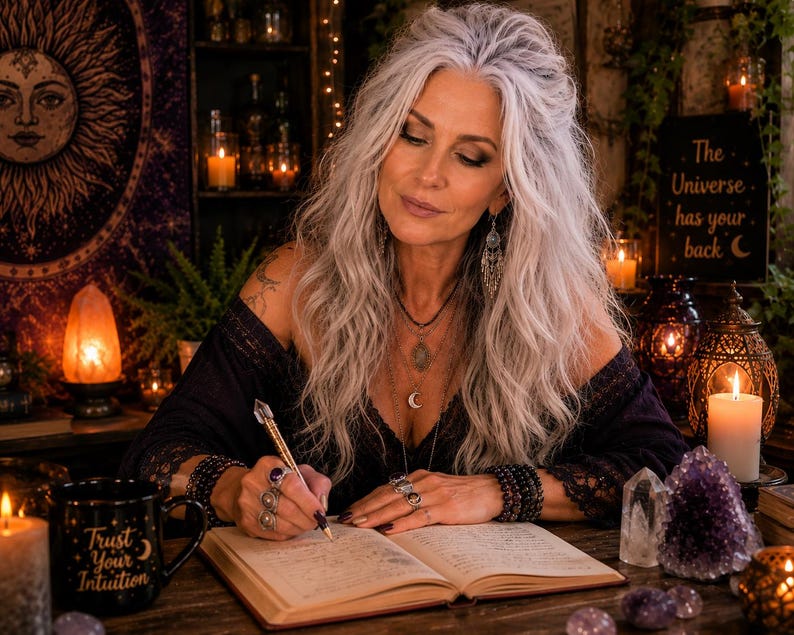 May include: A black ceramic mug with the text Trust Your Intuition in gold lettering, sitting on a wooden surface next to an open book, a crystal-topped pen, a clear quartz point, and a cluster of purple amethyst crystals in a dimly lit room.