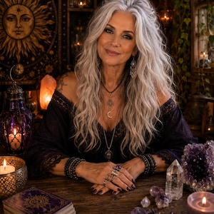 May include: A person with long wavy grey hair wearing a dark off-the-shoulder lace top and layered necklaces with moon and star pendants. They have multiple rings on their fingers and beaded bracelets on their wrists, sitting at a wooden table.