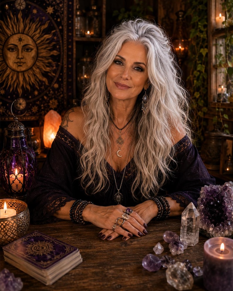 May include: A person with long wavy grey hair wearing a dark off-the-shoulder lace top and layered necklaces with moon and star pendants. They have multiple rings on their fingers and beaded bracelets on their wrists, sitting at a wooden table.