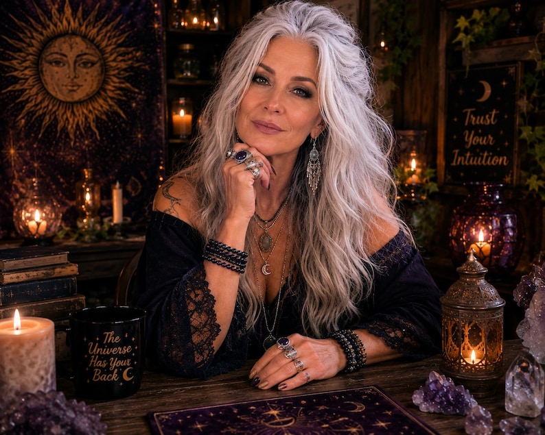 May include: A black mug with the text The Universe Has Your Back, featuring a crescent moon icon. The mug is positioned on a wooden surface alongside lit candles, amethyst crystals, a metal lantern, and a stack of vintage books in a dimly lit setting.