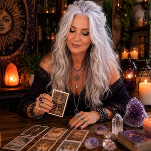 May include: A person with long silver hair wearing a black off-the-shoulder top and multiple layered necklaces, holding a tarot card. On the wooden table are several tarot cards, a deck of cards, amethyst crystals, and lit candles.