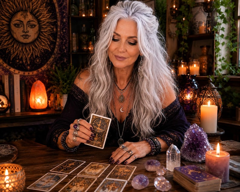 May include: A person with long silver hair wearing a black off-the-shoulder top and multiple layered necklaces, holding a tarot card. On the wooden table are several tarot cards, a deck of cards, amethyst crystals, and lit candles.