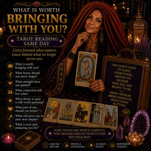 May include: A tarot reading advertisement featuring a person with long red hair holding The World card. The text reads: What is worth bringing with you? Tarot reading same day. A list of questions and a sign with inspirational text are displayed.