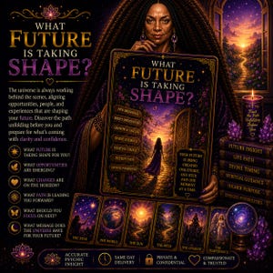 May include: A poster titled What Future Is Taking Shape? featuring a person holding a board with a path illustration, surrounded by six tarot cards labeled The Star, The World, The Sun, The Path, The Chariot, and The Temperance, plus a crystal ball.