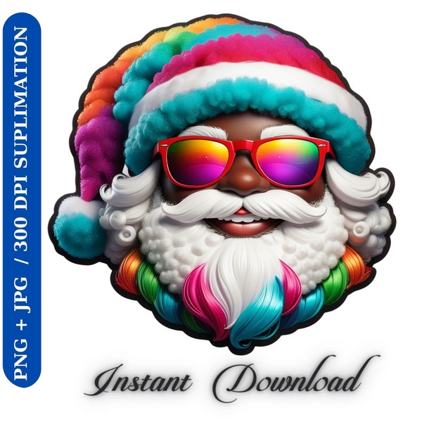 Black Santa with Sunglasses PNG, Melanin Christmas T Shirt Sublimation Design, Afro Santa PNG, Christmas Clipart, Cheerful Sparkly Glitter