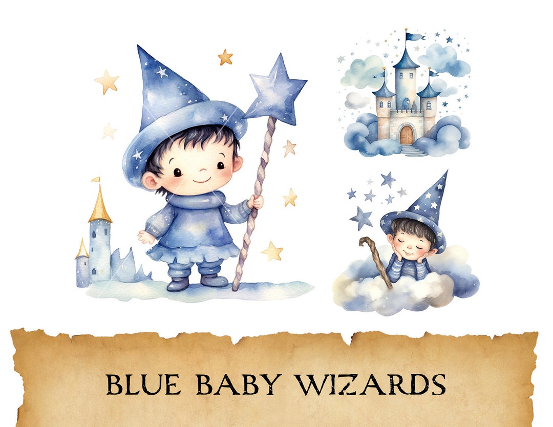 Watercolor Baby Wizard Clipart, Cute Whimsical Blue Boy Wizards Bundle ...