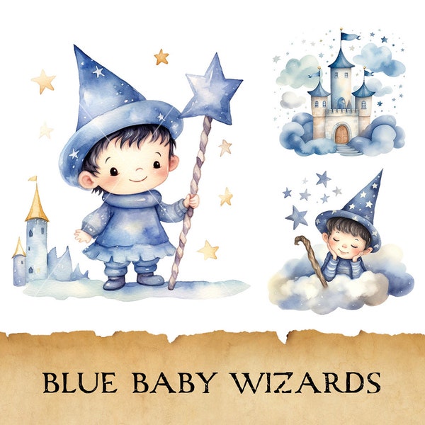 Watercolor Baby Wizard Clipart, Cute Whimsical Blue Boy Wizards Bundle, Fantasy Art Print, Magical Baby Shower, Nursery, Commercial Use, PNG