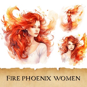 Aquarelle Fire Phoenix Women Clipart, Mystical Animal Clipart Bundle, Feminine Warrior Art Print, Strong Phoenix Warrior, Commercial, PNG