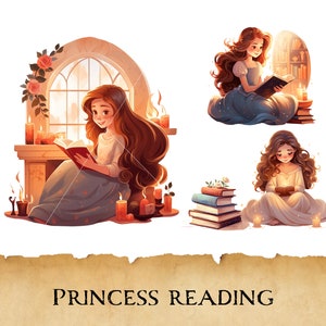 12 prinses lezen clipart bundel, betoverde prinsessen lezen van boeken, sprookjesboek minnaar, afdrukbaar, ongewenste Journal, scrapbooking, PNG