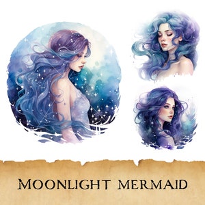 Aquarell Mondschein Meerjungfrauen Clipart, Meergöttin Bundle, Fantasy Sirenen Sammlung, Märchen Portrait Print, Meerjungfrau Grafik, Junk Journal