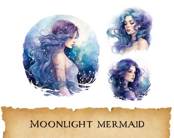 Watercolor Moonlight Mermaids Clipart, Sea Goddess Bundle, Fantasy Siren Collection, Fairytale Portrait Print, Mermaid Graphic, Junk Journal