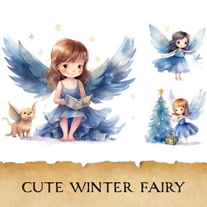 Aquarell süße Winter Fee Clipart, kleine Weihnachtsfeen Clipart Bundle, blaue Baby Feen Set, Baby Shower, magisches Kinderzimmer, PNG