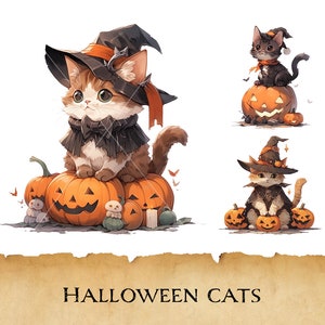 Watercolor Halloween Cats Clipart, Cute Witchy Cats Bundle, Spooky Kitty Graphics, Cute Costume Kittens and Pumpkins, Art Print, Digital PNG
