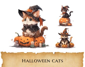 Watercolor Halloween Cats Clipart, Cute Witchy Cats Bundle, Spooky Kitty Graphics, Cute Costume Kittens and Pumpkins, Art Print, Digital PNG