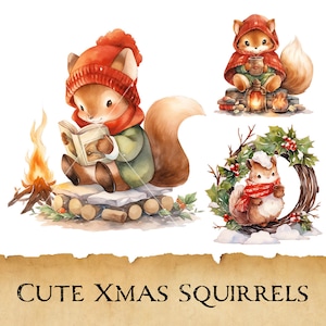 Aquarelle Mignon Écureuils de Noël Clipart, Fantasy Woodland Animal Clipart Bundle, Fabrication de cartes de vacances confortables, Instantané, Utilisation commerciale, PNG