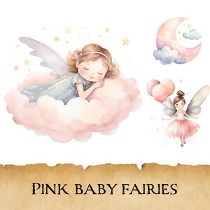 May include: Watercolor illustration of two pink baby fairies. One fairy is sleeping on a pink cloud with a halo of stars. The other fairy is flying with pink balloons and a pink tutu. The text "PINK BABY FAIRIES" is written on a brown parchment background.