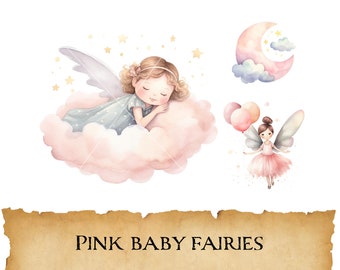 Watercolor Pink Baby Fairies Clipart, Whimsical Fairies Bundle, Magical Baby Shower, Fantasy Art Print, Little Girl Nursery, Commercial, PNG