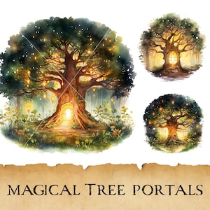Aquarel magische boom portal clipart, betoverde bos clipart bundel, magische gateway set, sprookjesboom, kinderboek illustratie, PNG