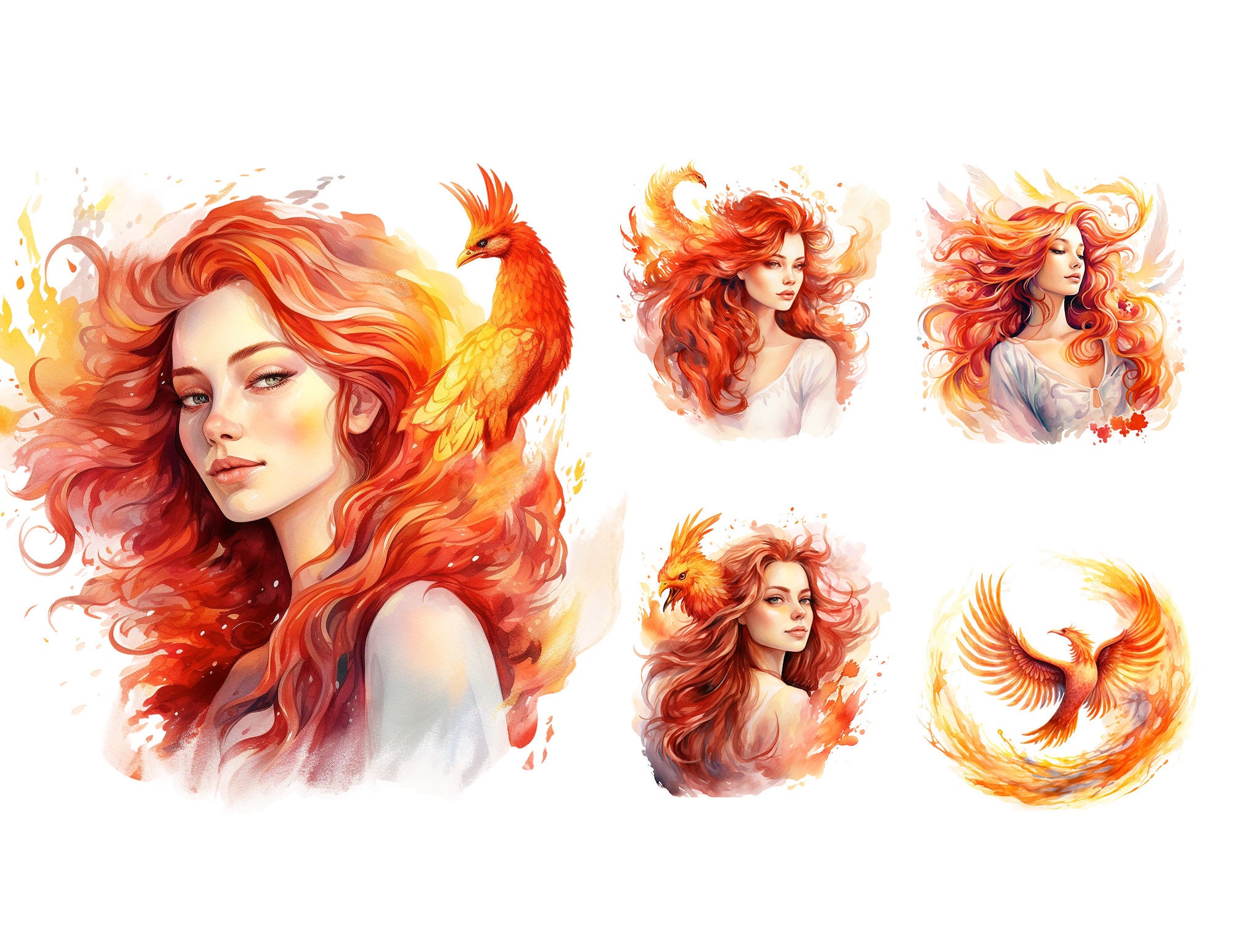 Woman Phoenix Watercolor Fire Phoenix Women Clipart, Mystical Animal Clipart Bundle ...