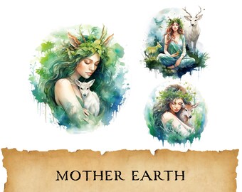 14 Watercolor Mother Earth Clipart, Mother Nature, Trees, Forest Animals, Save the Planet, Gaia Bundle for Scrapbooking, Journal, Invitation