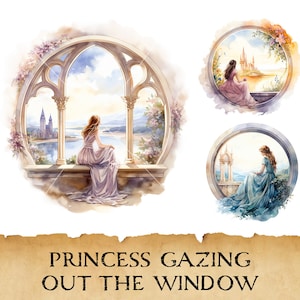 Aquarela conto de fadas princesa clipart PNG, pacote de clipart de janela de castelo de princesa, conjunto de princesa de fantasia, impressão de arte de princesa pastel sonhadora