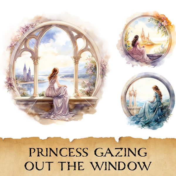 Watercolor Fairytale Princess Clipart PNG, Princess Castle Window Clipart Bundle, Fantasy Princess Set, Dreamy Pastel Princess Art Print