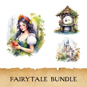 Lot de 14 cliparts aquarelle conte de fées enchanté, ensemble magique, collection Blanche-Neige et Cendrillon pour scrapbooking, journaux, faire-part