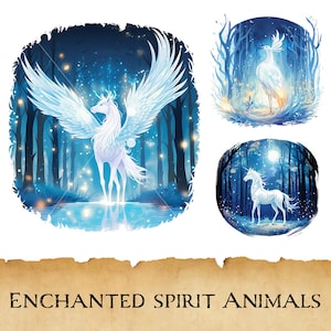 Mystische Geister Tiere Clipart, Fantasy Totem Tiere Bundle, Magische Kreaturen Set, Einhorn, Pegasus, Phoenix, Drache, Wolf Art Print, PNG