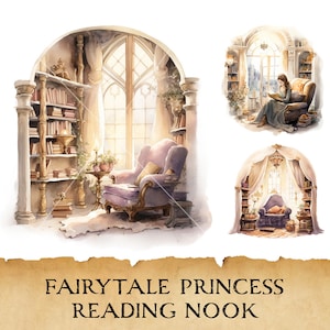 Aquarel Fairytale Reading Nook Clipart, Betoverde Prinses Reading Nook Bundel, Fantasy Book Corner, Boekenliefhebber, Afdrukbaar, Journal, PNG