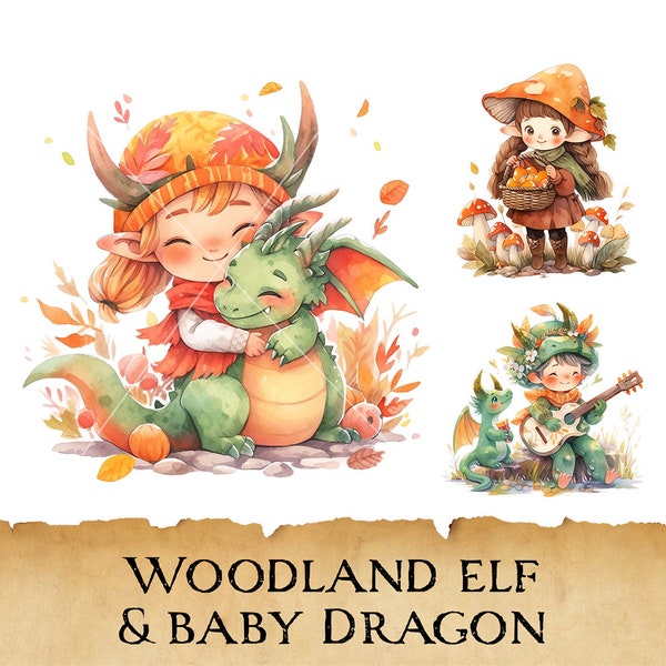 Watercolor Cute Woodland Elf and Baby Dragon Clipart, Fantasy Autumn Elves Bundle, Magical Fall Forest Creatures Set, Instant, Digital, PNG