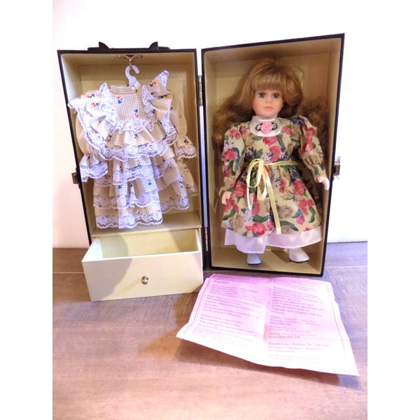 Vintage 1990s Lasting Impressions Companion Collection Porcelain Doll 12" Original Wardrobe Case with Accessories Blonde Hair Floral Dresses