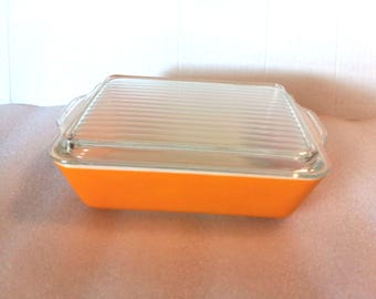 Vintage 1960s 1970s Orange Pyrex 0503 Casserole Dish with Ribbed Clear Glass Lid 1.5 Quart Capacity