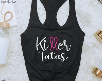 Pink Ribbon Killer Tatas Racerback Tank: Breast Cancer Awareness - Humor Tee
