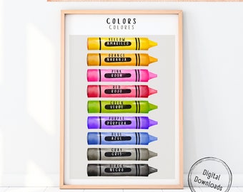 Cartel bilingüe para niños, Impresión de aprendizaje Montessori, Cartel de colores para niños, Imprimible educativo español inglés, Impresión digital para niños