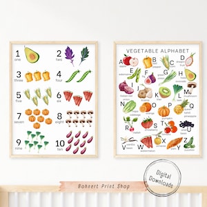Obst & Gemüse Lernposter, Alphabet und Zähldruck, Kinderzimmer Dekor, Montessori druckbar, digitaler Download