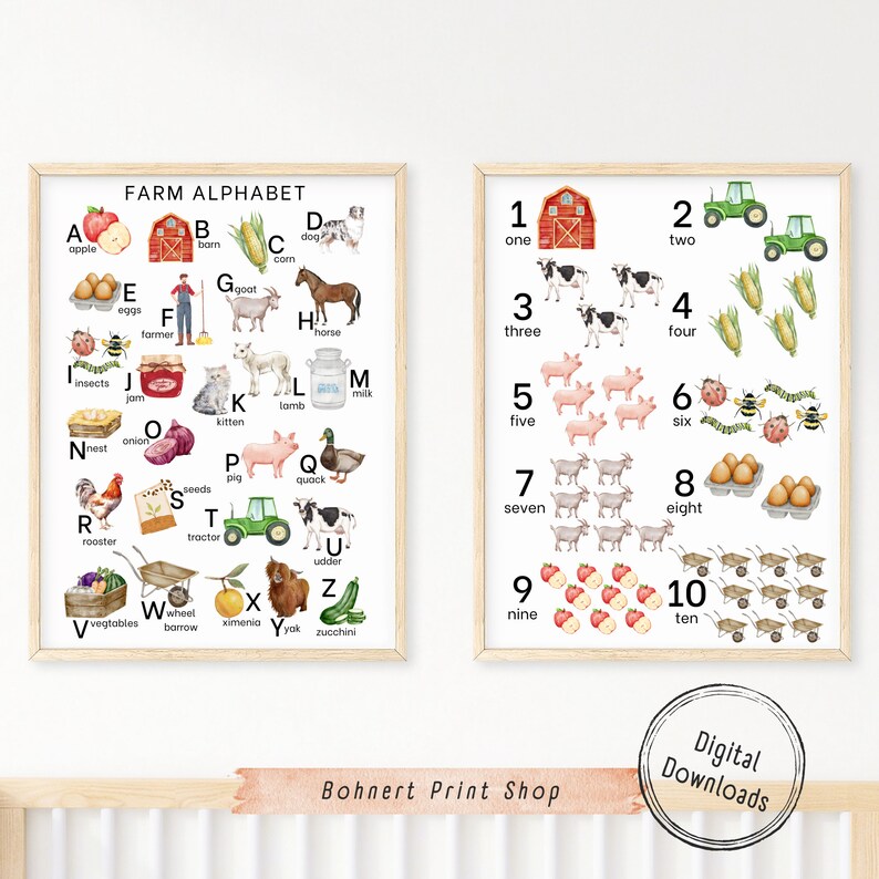 Educational Farm Printable, Kids Alphabet &amp; Counting Posters, Learning ...