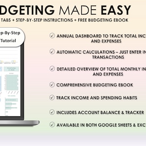 May include: A laptop screen displays a budgeting spreadsheet with charts and graphs. The title "BUDGETING MADE EASY" is at the top, with bullet points listing features like income tracking, expense overviews, and an ebook. The text also mentions step-by-step instructions.