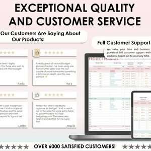 May include: A screenshot of a website with customer testimonials and a laptop displaying a project planner. The website features a pink and white color scheme and the text "Exceptional Quality and Customer Service" and "Over 6000 Satisfied Customers!" The project planner is a digital document with a grid layout and includes columns for project name, start date, duration, and progress.