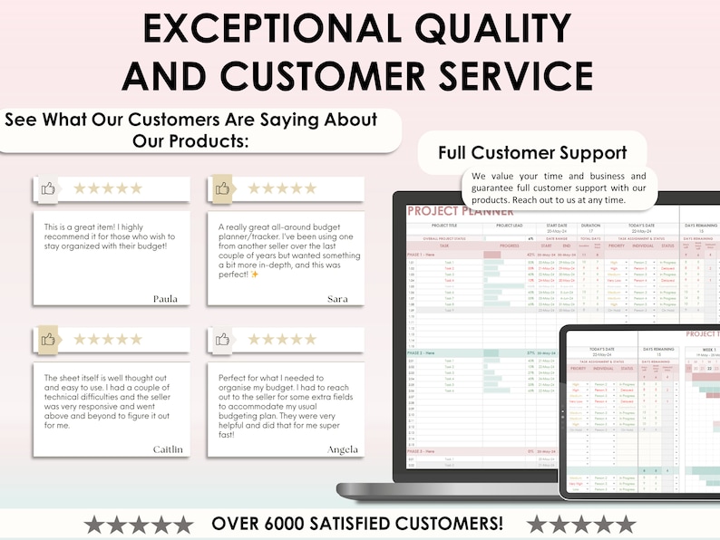 May include: A screenshot of a website with customer testimonials and a laptop displaying a project planner. The website features a pink and white color scheme and the text "Exceptional Quality and Customer Service" and "Over 6000 Satisfied Customers!" The project planner is a digital document with a grid layout and includes columns for project name, start date, duration, and progress.