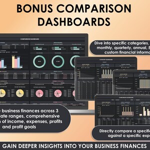 May include: A computer screen displaying a comparison dashboard with charts and graphs. The image includes text that reads "BONUS COMPARISON DASHBOARDS" and "Compare business finances across 3 different date ranges, comprehensive breakdown of income, expenses, profits and profit goals."