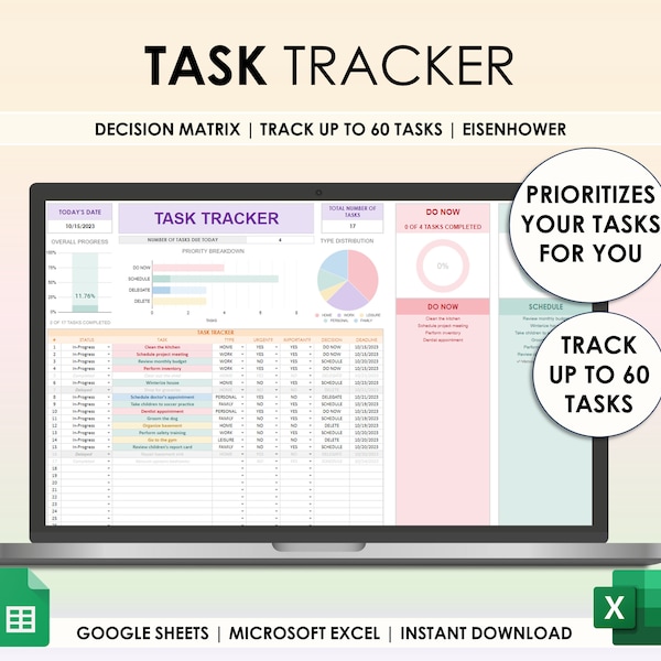 Task Tracker Google Sheets Excel Task Tracker Spreadsheet To Do List Activity Excel Task Manager Decision Matrix Task Planner Task Track