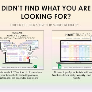 May include: Two digital product mockups on a white background. The first mockup is for a financial planner package for families and couples. The second mockup is for a habit tracker. Both mockups feature a laptop screen with a spreadsheet visible. The text "ULTIMATE FAMILY & COUPLES FINANCIAL PLANNER PACKAGE" is at the top of the first mockup. The text "HABIT TRACKER" is at the top of the second mockup.