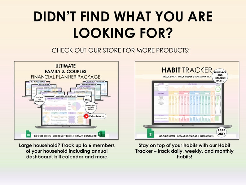 May include: Two digital product mockups on a white background. The first mockup is for a financial planner package for families and couples. The second mockup is for a habit tracker. Both mockups feature a laptop screen with a spreadsheet visible. The text "ULTIMATE FAMILY & COUPLES FINANCIAL PLANNER PACKAGE" is at the top of the first mockup. The text "HABIT TRACKER" is at the top of the second mockup.