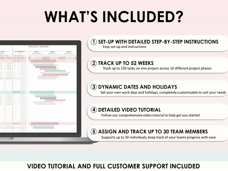 May include: A laptop screen displaying a project timeline with a calendar and a list of features. The features include set-up with detailed step-by-step instructions, track up to 52 weeks, dynamic dates and holidays, detailed video tutorial, and assign and track up to 30 team members. The text "VIDEO TUTORIAL AND FULL CUSTOMER SUPPORT INCLUDED" is displayed at the bottom of the image.