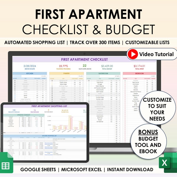 First Apartment Checklist Google Sheets Excel Moving Checklist Moving Planner Packing List Checklist Printable Moving Budget Shopping List