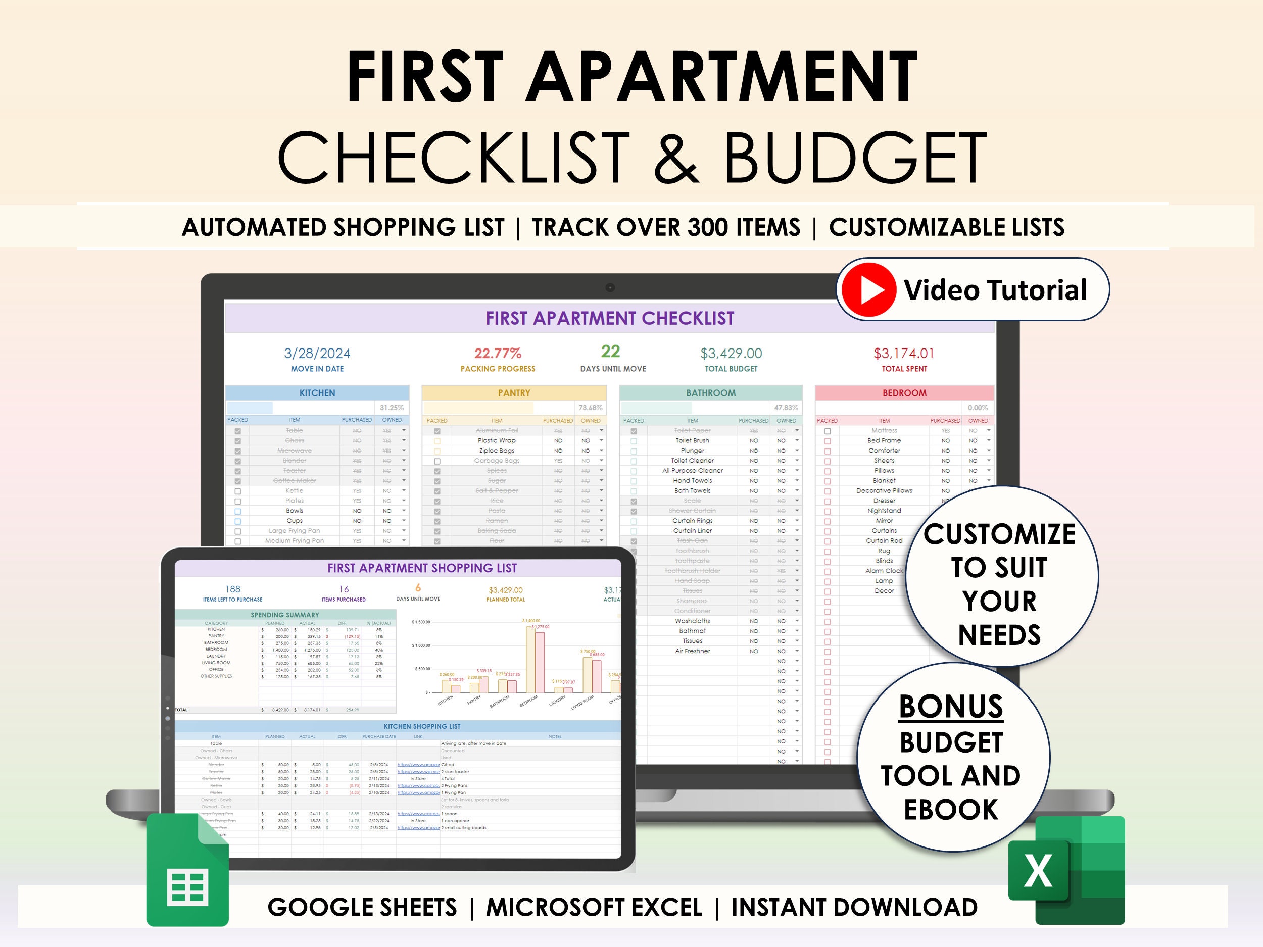 First Apartment Checklist Google Sheets Excel Moving Checklist Moving Planner Packing List Checklist Printable Moving Budget Shopping List