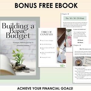 Może przedstawiać: Zielono-biała okładka ebooka z tytułem "Building a Basic Budget" i podtytułem "Strategie, metody i wskaz&oacute;wki do wolności finansowej". Okładka przedstawia roślinę rosnącą z kupki monet. Ebook jest darmowym dodatkiem, kt&oacute;ry uczy budżetowania według reguły 50/30/20.
